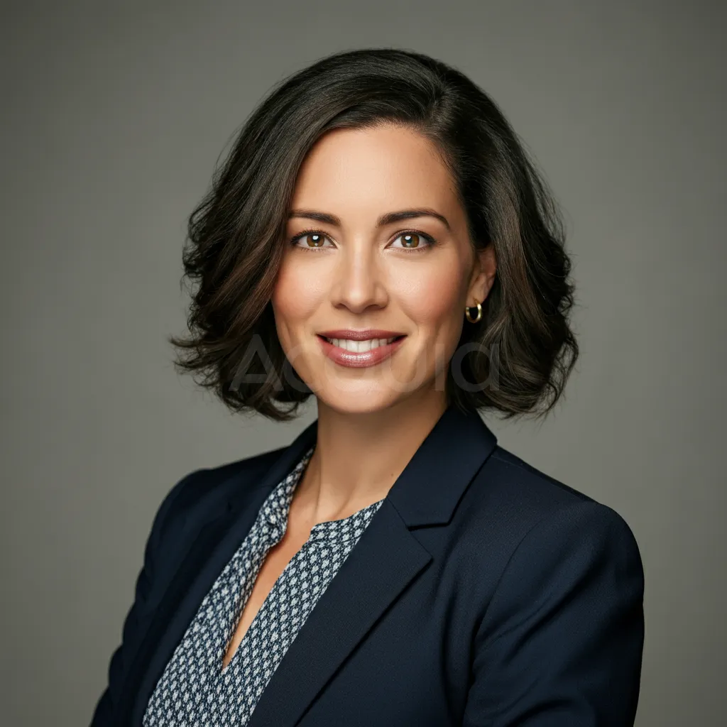 Amy Polski with dark shoulder-length hair in a navy blazer, smiling against a gray background.