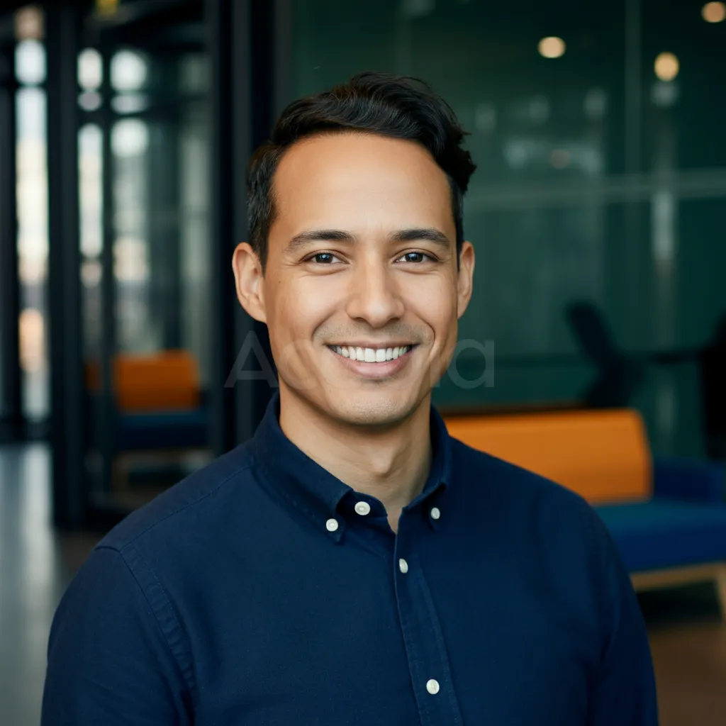 Elliot Schmeling in a navy blue shirt smiling in a modern office environment.