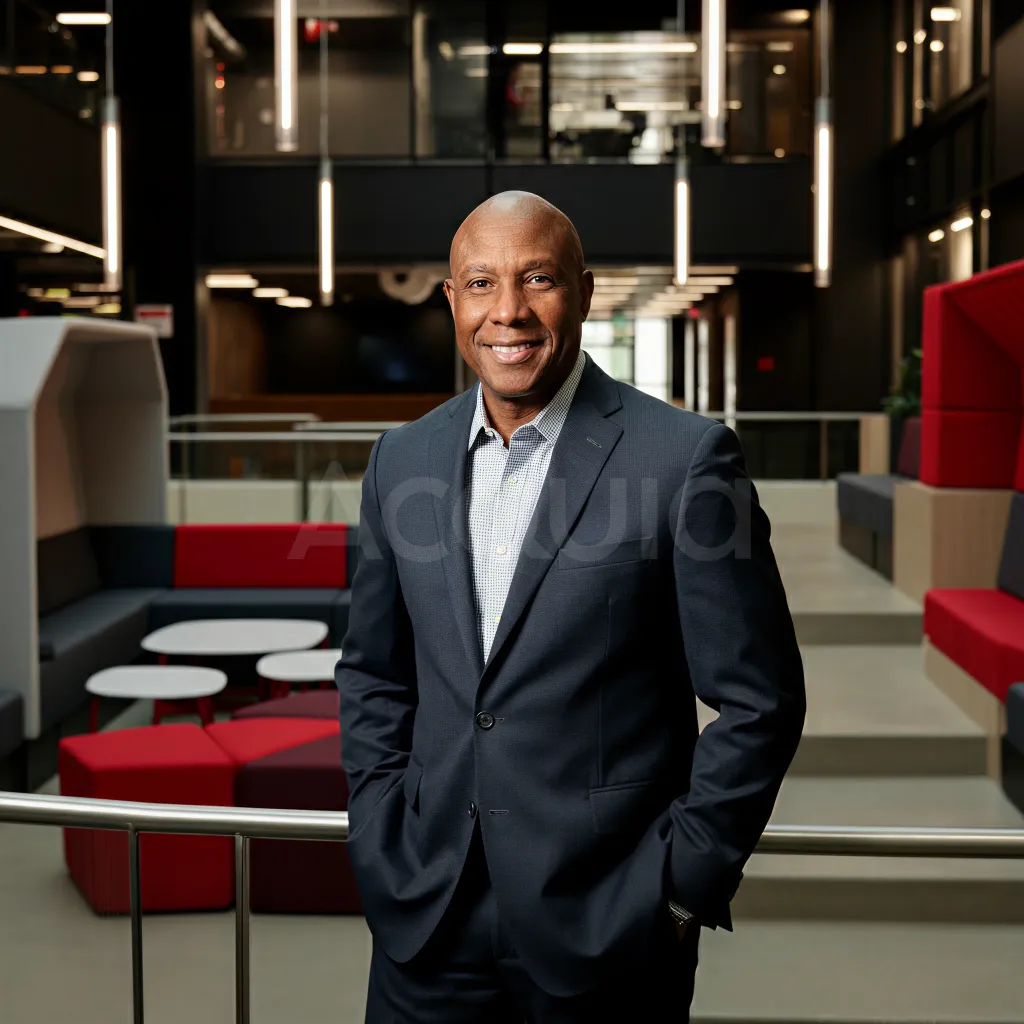 Professional portrait of a person in a suit standing in a modern office space with red accents.