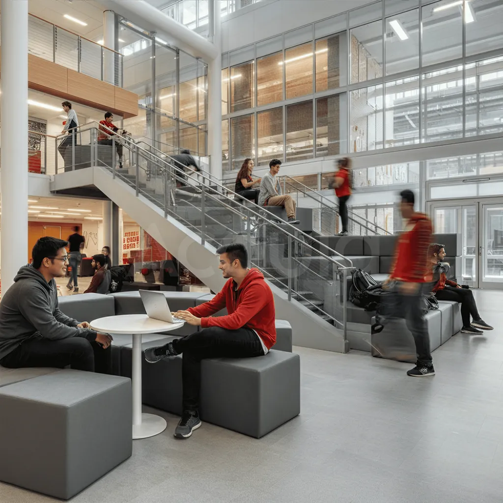 Modern open atrium with staircase and people sitting in conversation areas in a bright building interior.