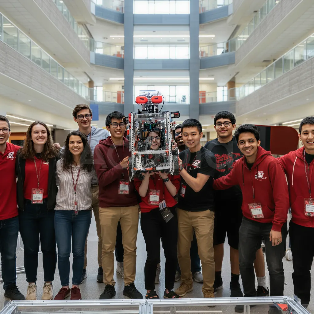 A group of students in red shirts posing with a robot in a multi-level atrium building.